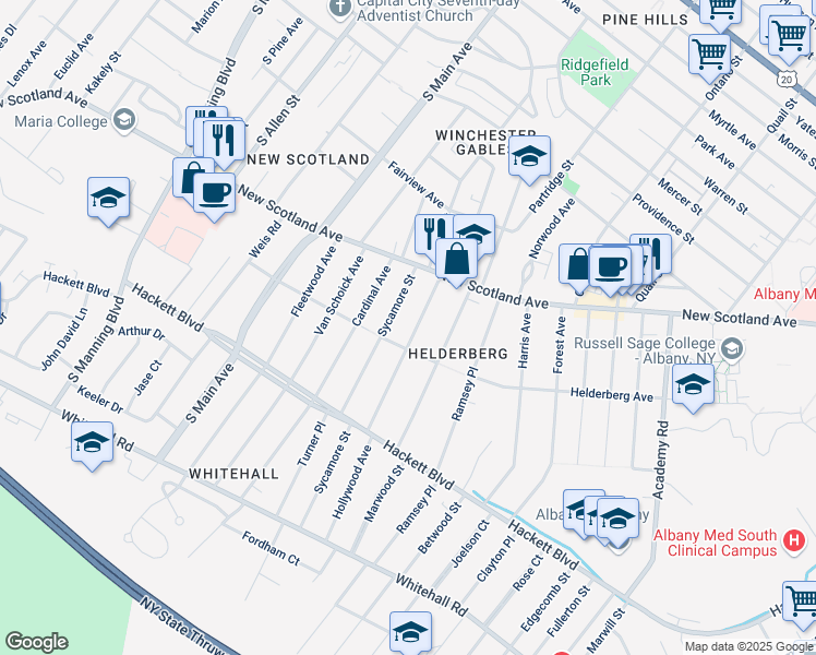 map of restaurants, bars, coffee shops, grocery stores, and more near 51 Hollywood Avenue in Albany