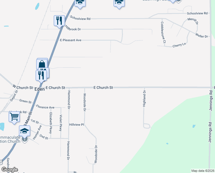 map of restaurants, bars, coffee shops, grocery stores, and more near 2950 East Church Street in Eden