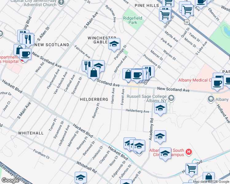 map of restaurants, bars, coffee shops, grocery stores, and more near 5 Harris Avenue in Albany