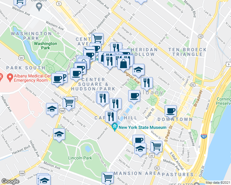 map of restaurants, bars, coffee shops, grocery stores, and more near 100 South Swan Street in Albany