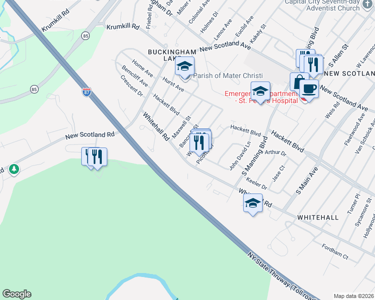 map of restaurants, bars, coffee shops, grocery stores, and more near 2 Westford Street in Albany
