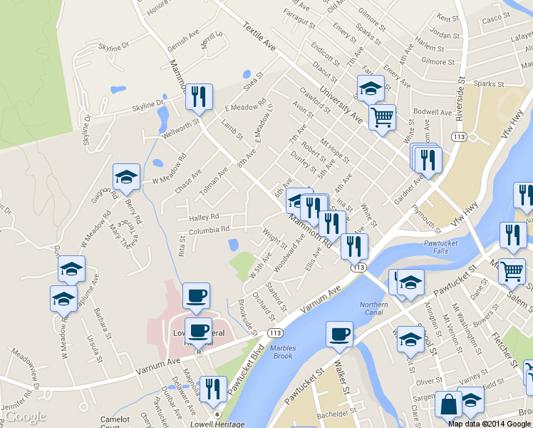 map of restaurants, bars, coffee shops, grocery stores, and more near 25 Columbia Road in Lowell