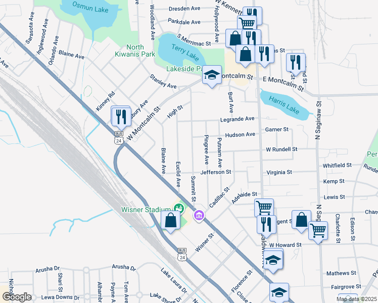 map of restaurants, bars, coffee shops, grocery stores, and more near 131 Summit Street in Pontiac
