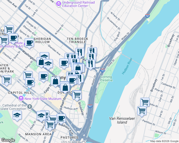map of restaurants, bars, coffee shops, grocery stores, and more near 625 Broadway in Albany