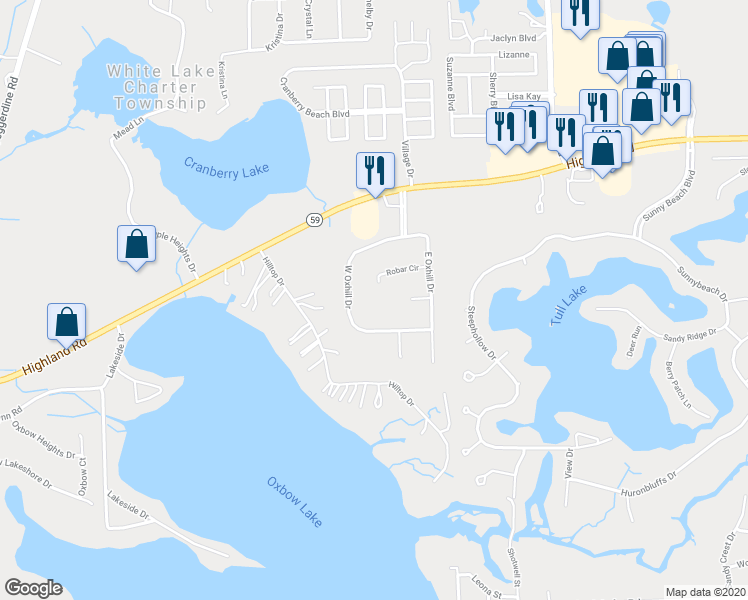 map of restaurants, bars, coffee shops, grocery stores, and more near 669 Robar Circle in White Lake charter Township