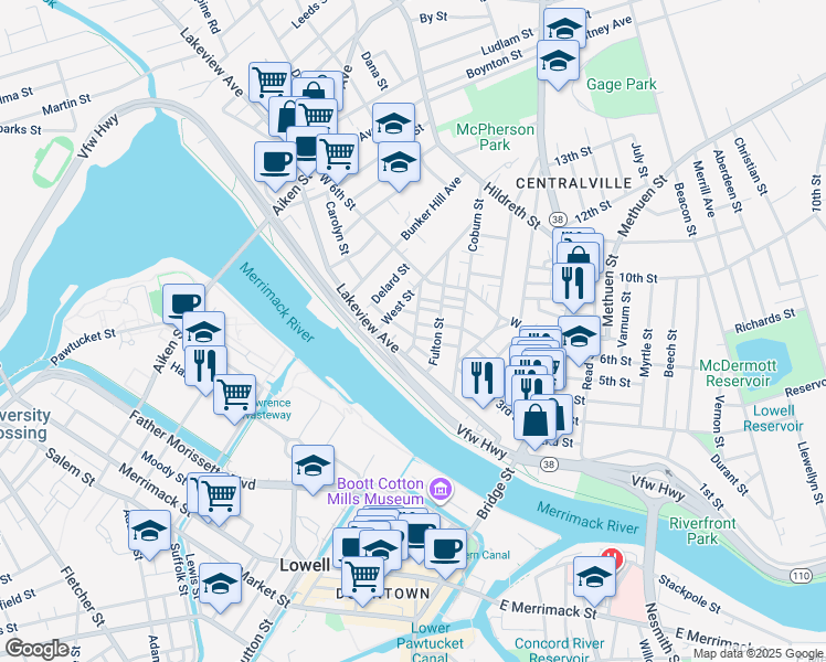 map of restaurants, bars, coffee shops, grocery stores, and more near 24 Stanley Street in Lowell