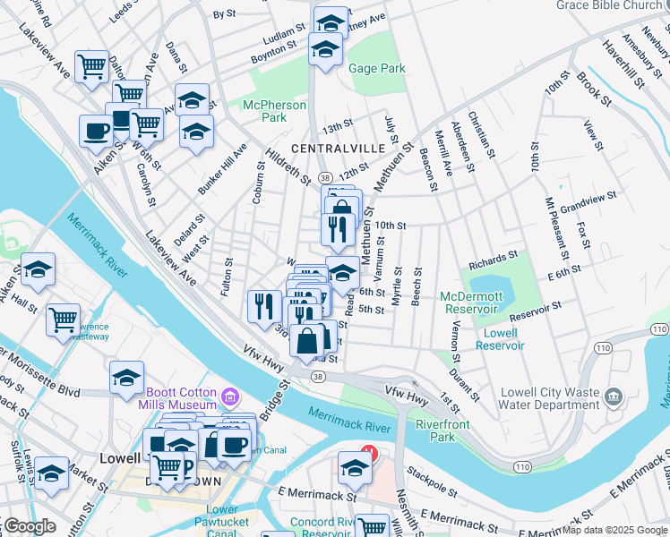 map of restaurants, bars, coffee shops, grocery stores, and more near 581 Bridge Street in Lowell