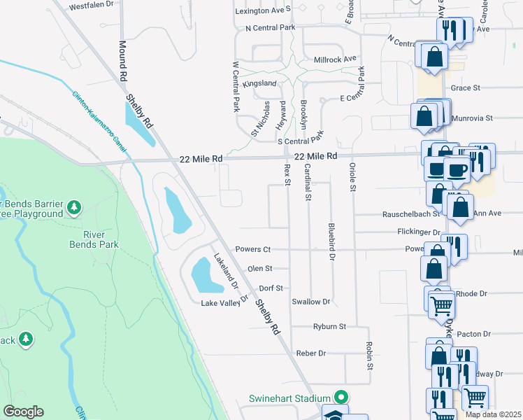 map of restaurants, bars, coffee shops, grocery stores, and more near 48625 Stanford Drive in Shelby Township