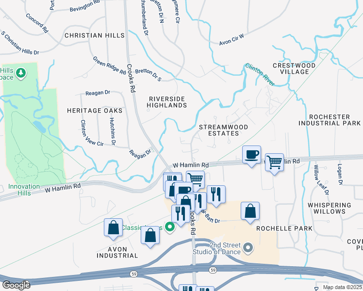 map of restaurants, bars, coffee shops, grocery stores, and more near 1950 White Birch Court in Rochester Hills