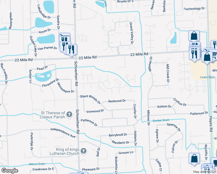 map of restaurants, bars, coffee shops, grocery stores, and more near 48581 Lacota Court in Macomb County