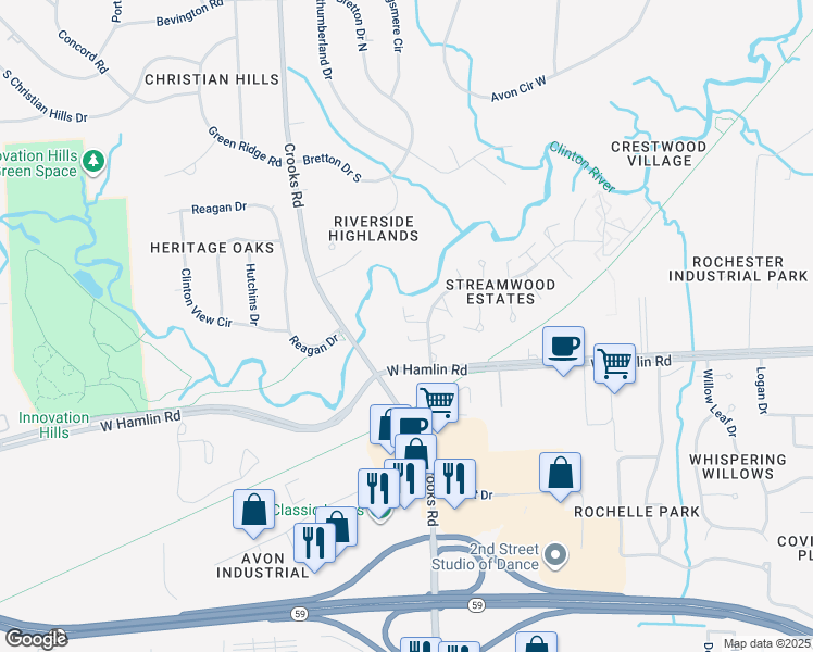 map of restaurants, bars, coffee shops, grocery stores, and more near 1950 White Birch Court in Rochester Hills