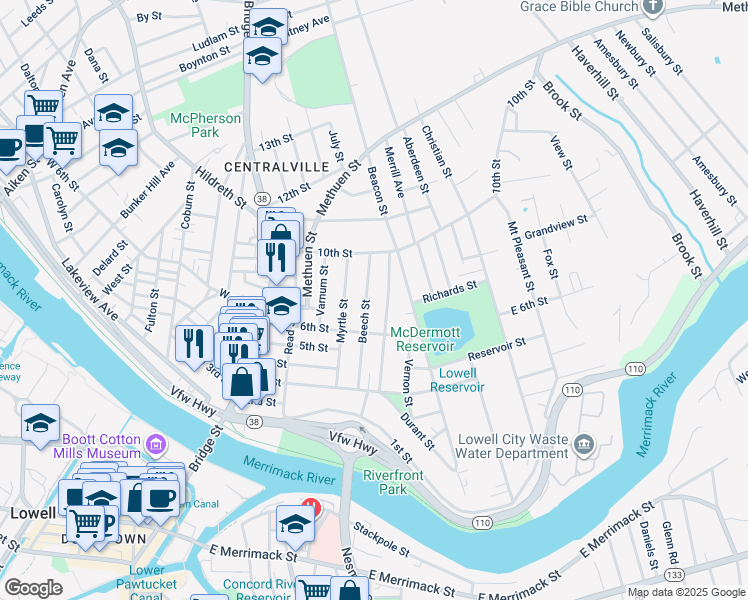 map of restaurants, bars, coffee shops, grocery stores, and more near 96 Fremont Street in Lowell