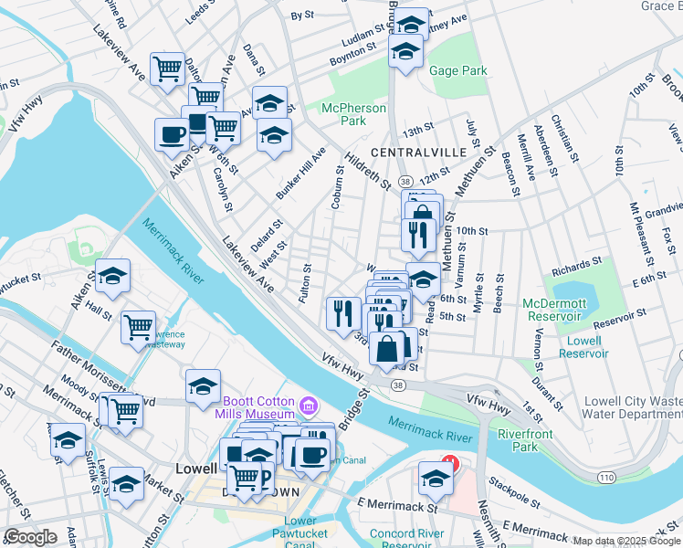 map of restaurants, bars, coffee shops, grocery stores, and more near 45R Jewett Street in Lowell