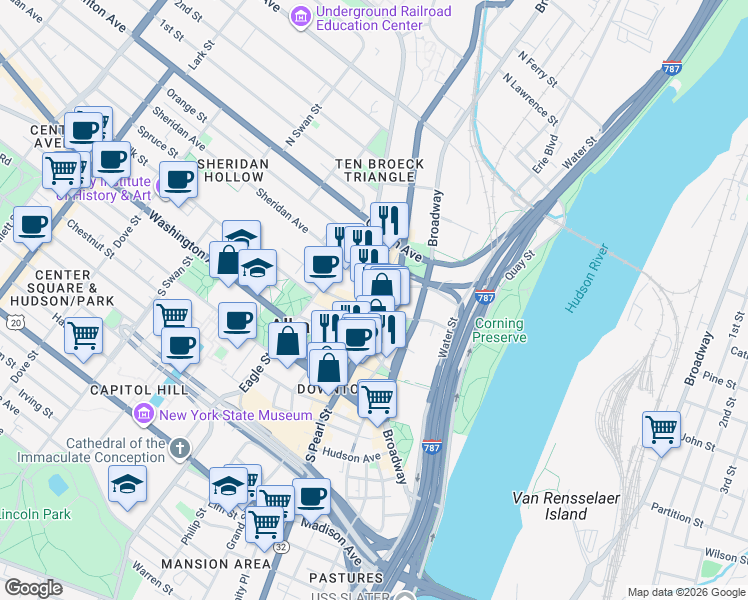 map of restaurants, bars, coffee shops, grocery stores, and more near 77 Columbia Street in Albany