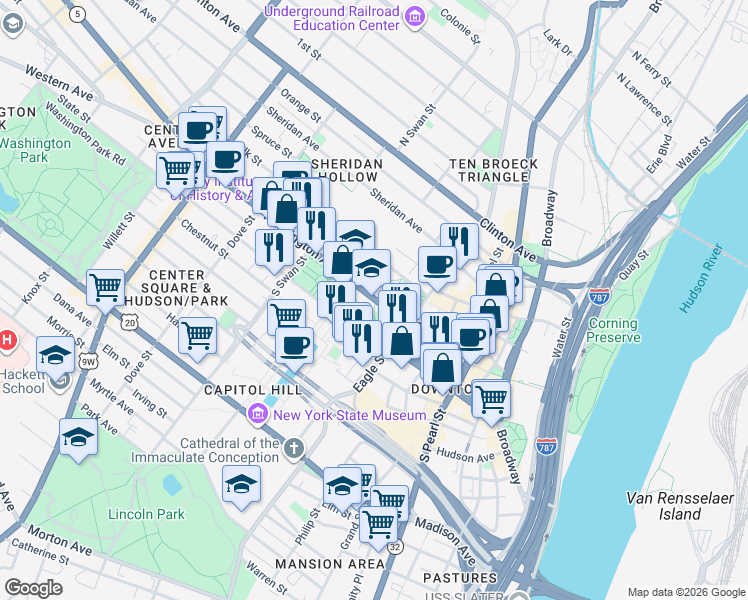 map of restaurants, bars, coffee shops, grocery stores, and more near in Albany