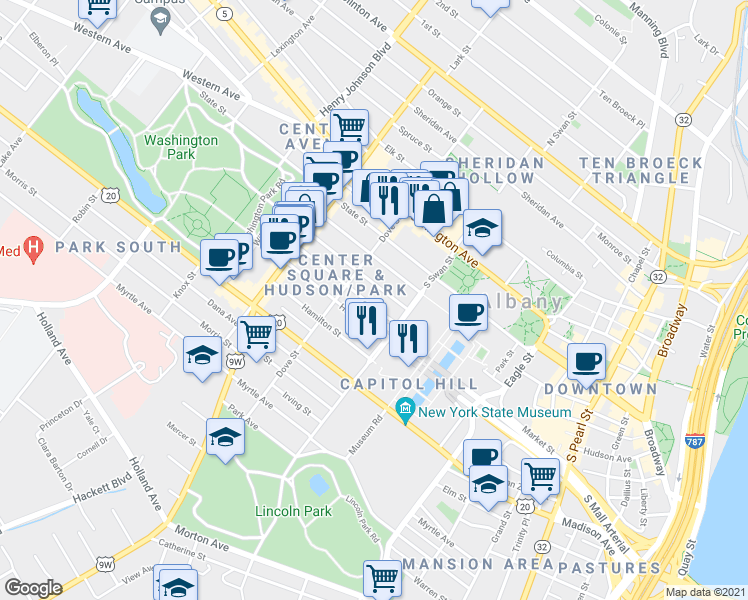 map of restaurants, bars, coffee shops, grocery stores, and more near 139.5 Jay Street in Albany