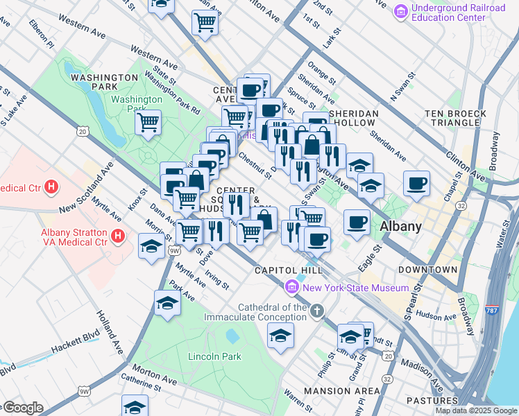 map of restaurants, bars, coffee shops, grocery stores, and more near 139.5 Jay Street in Albany