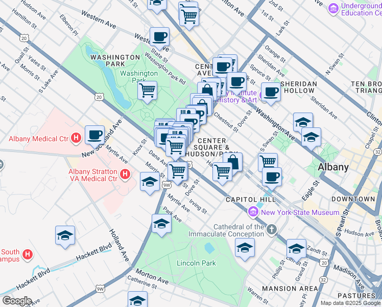 map of restaurants, bars, coffee shops, grocery stores, and more near 12 Delaware Avenue in Albany