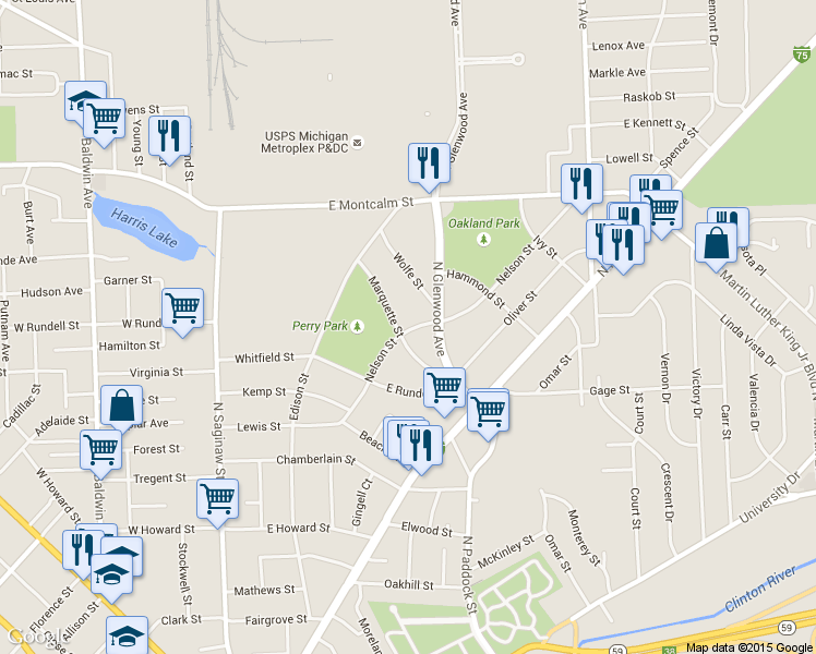 map of restaurants, bars, coffee shops, grocery stores, and more near 163 Nelson Street in Pontiac