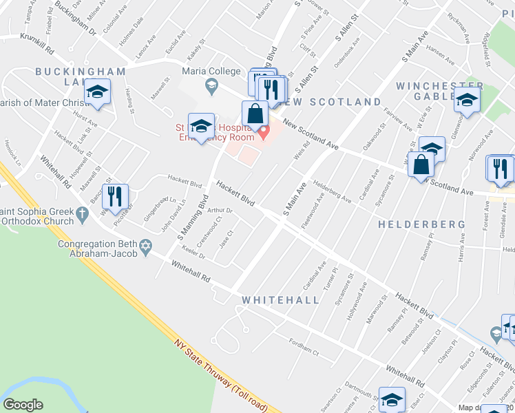 map of restaurants, bars, coffee shops, grocery stores, and more near Hackett Boulevard & Weis Road in Albany
