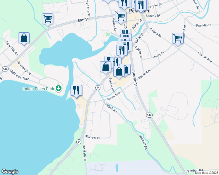map of restaurants, bars, coffee shops, grocery stores, and more near 9 Sunset Avenue in Penn Yan