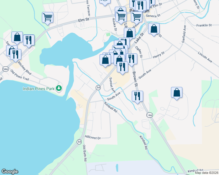 map of restaurants, bars, coffee shops, grocery stores, and more near 9 Sunset Avenue in Penn Yan