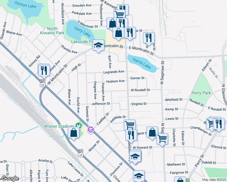 map of restaurants, bars, coffee shops, grocery stores, and more near 181 West Rundell Street in Pontiac
