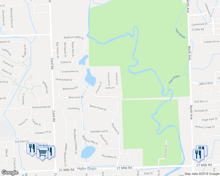 map of restaurants, bars, coffee shops, grocery stores, and more near Hythe Drive in Macomb