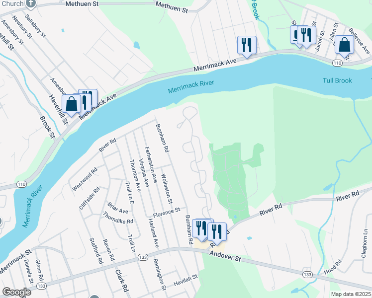 map of restaurants, bars, coffee shops, grocery stores, and more near 165 Merrimack Meadows Lane in Tewksbury