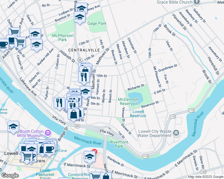 map of restaurants, bars, coffee shops, grocery stores, and more near 107 Beech Street in Lowell