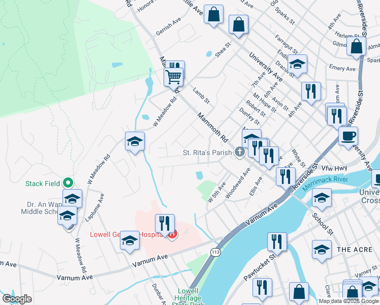 map of restaurants, bars, coffee shops, grocery stores, and more near 41 Hally Road in Lowell