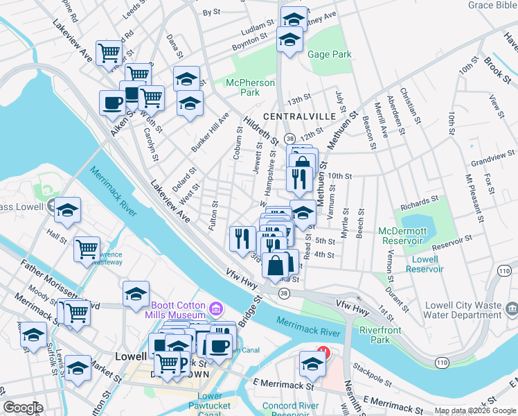 map of restaurants, bars, coffee shops, grocery stores, and more near 60 West 6th Street in Lowell