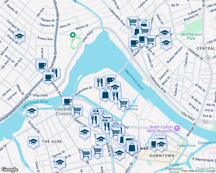 map of restaurants, bars, coffee shops, grocery stores, and more near 354R Aiken Avenue in Lowell