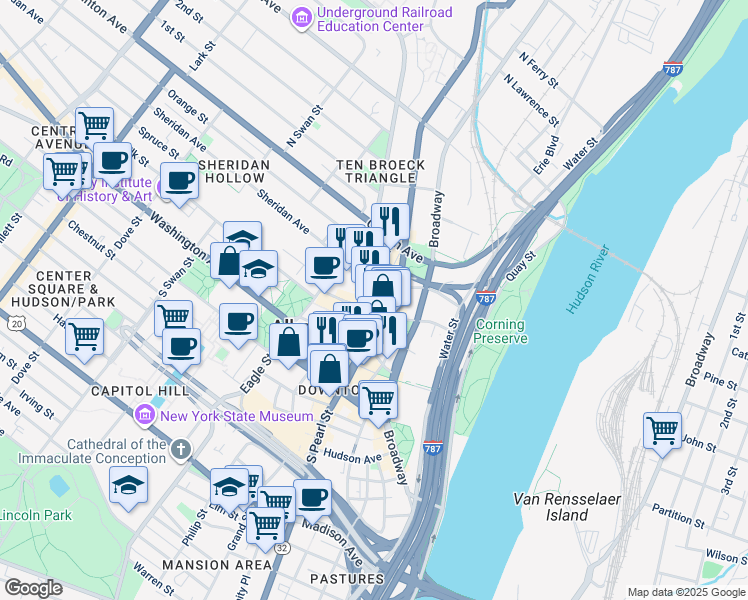 map of restaurants, bars, coffee shops, grocery stores, and more near 77 Columbia Street in Albany
