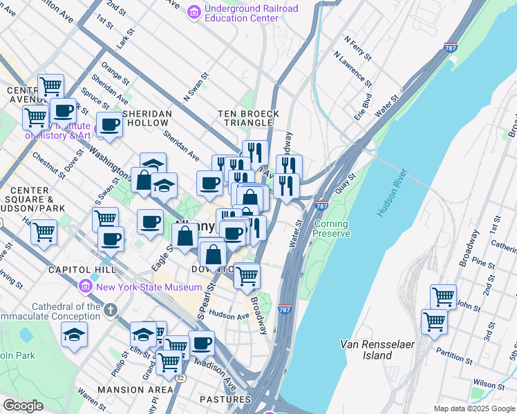 map of restaurants, bars, coffee shops, grocery stores, and more near 111 North Pearl Street in Albany