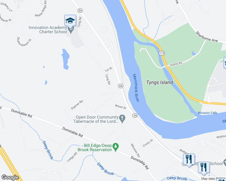 map of restaurants, bars, coffee shops, grocery stores, and more near 11 Tyng Road in Tyngsborough