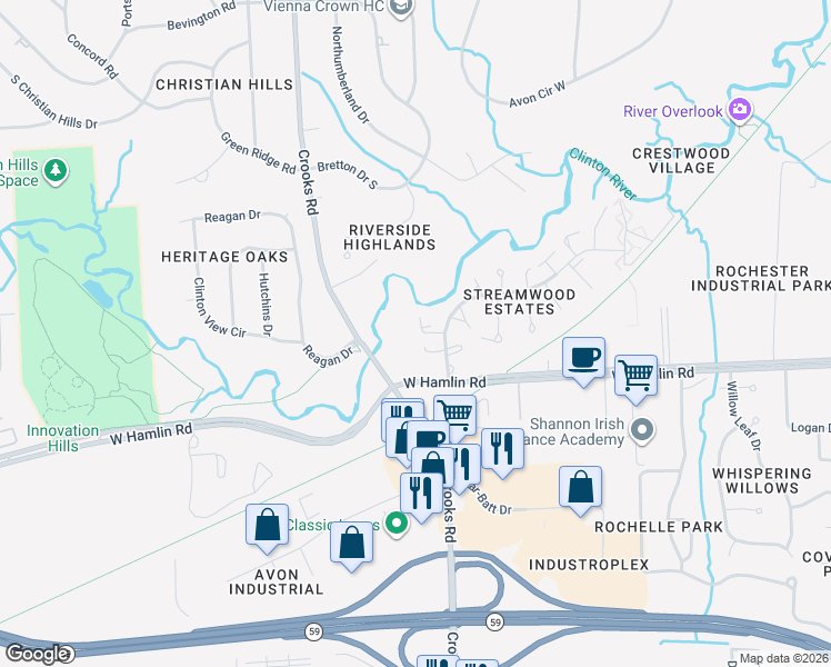 map of restaurants, bars, coffee shops, grocery stores, and more near 1950 White Birch Court in Rochester Hills