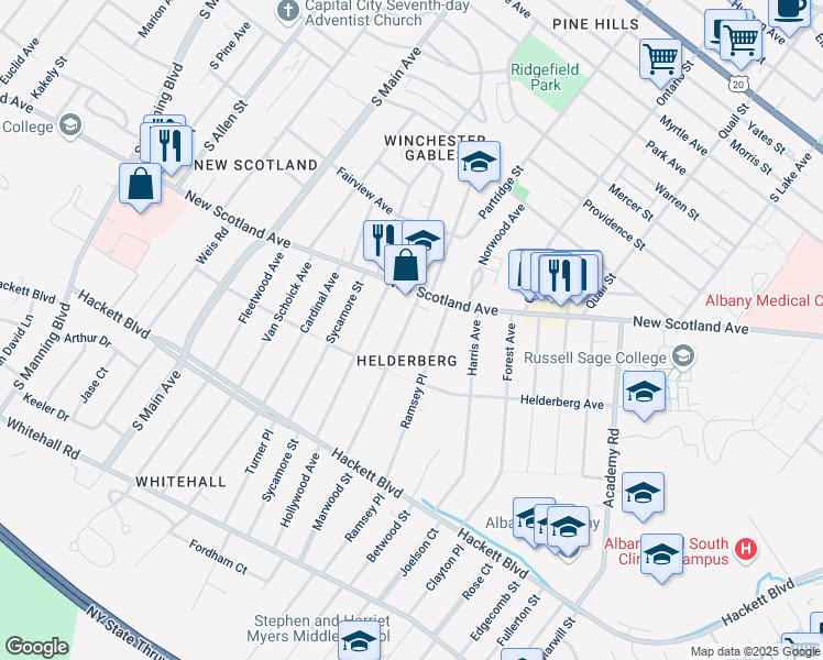 map of restaurants, bars, coffee shops, grocery stores, and more near 24 Pinewood Avenue in Albany