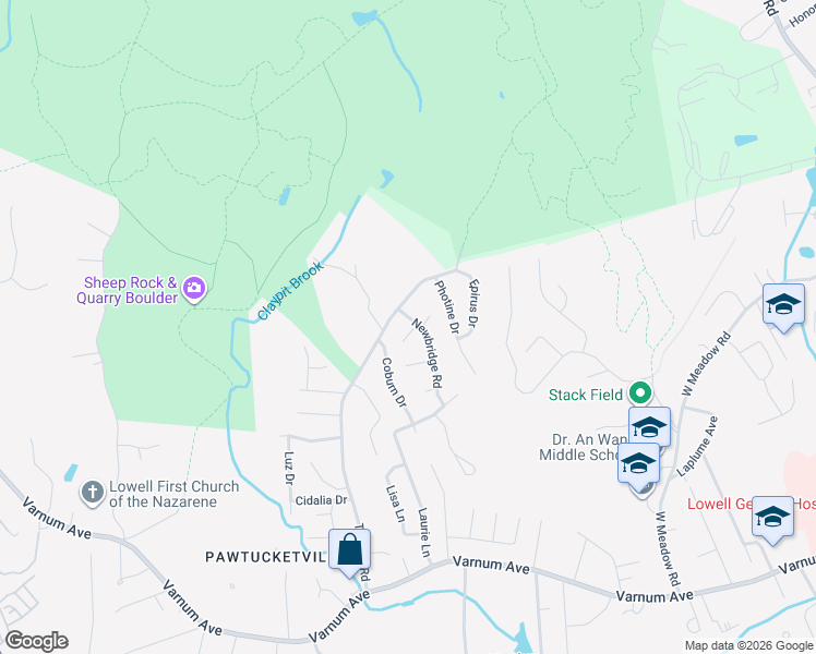 map of restaurants, bars, coffee shops, grocery stores, and more near 100 Ronald Lane in Lowell