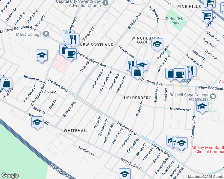 map of restaurants, bars, coffee shops, grocery stores, and more near 37 Cardinal Avenue in Albany