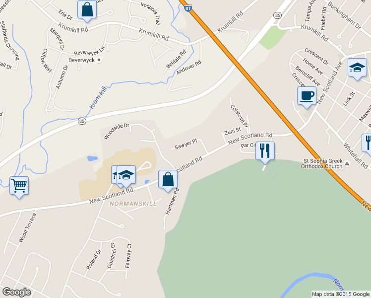 map of restaurants, bars, coffee shops, grocery stores, and more near 16 Sawyer Place in Albany