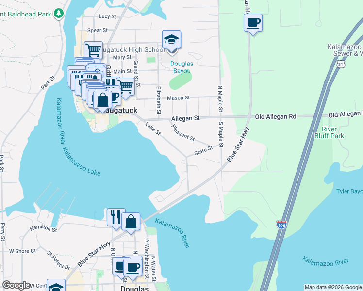 map of restaurants, bars, coffee shops, grocery stores, and more near 740 Lake Street in Saugatuck