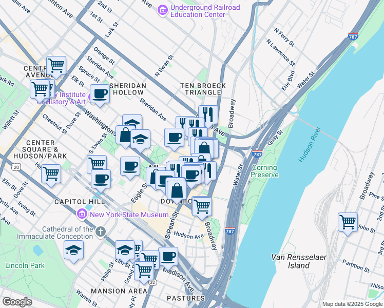 map of restaurants, bars, coffee shops, grocery stores, and more near 77 Columbia Street in Albany