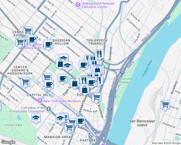 map of restaurants, bars, coffee shops, grocery stores, and more near 77 Columbia Street in Albany