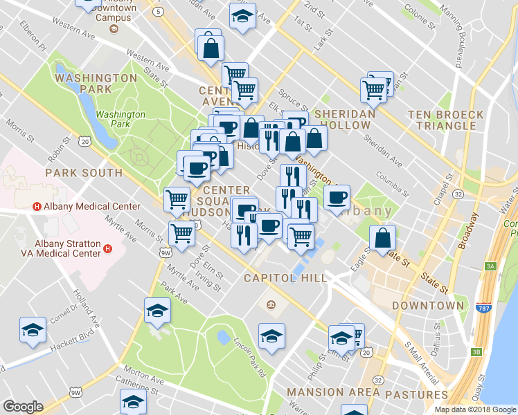 map of restaurants, bars, coffee shops, grocery stores, and more near 139.5 Jay Street in Albany