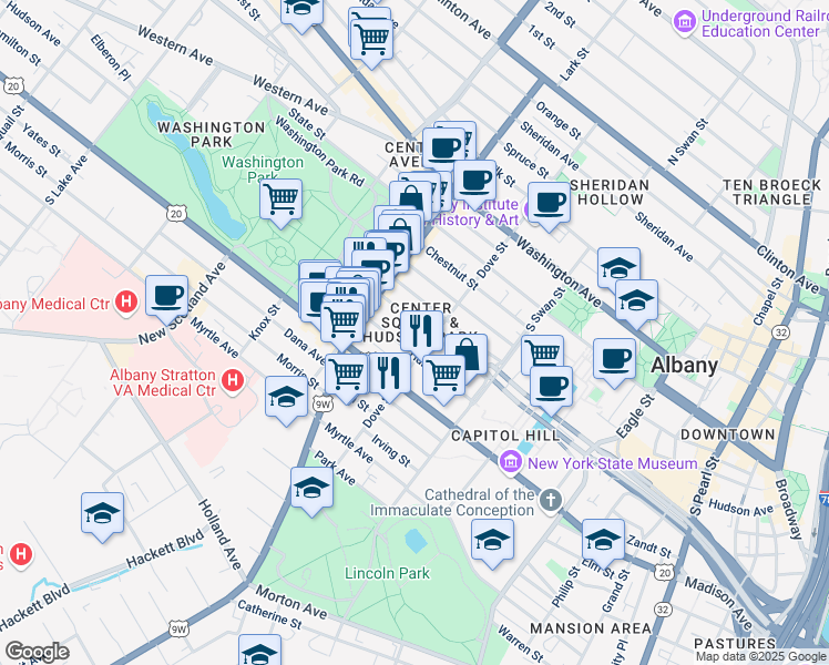 map of restaurants, bars, coffee shops, grocery stores, and more near 107 Dove Street in Albany