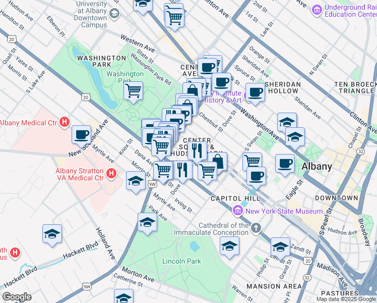 map of restaurants, bars, coffee shops, grocery stores, and more near 107 Dove Street in Albany