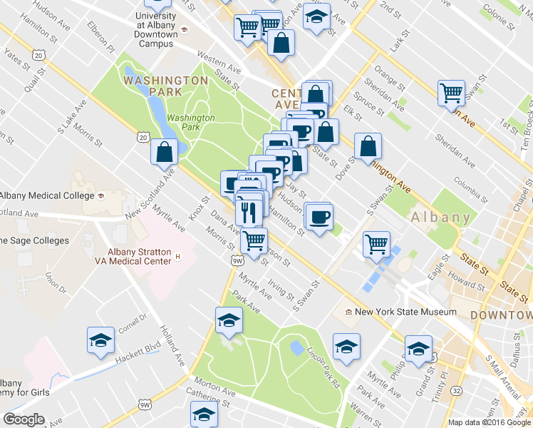 map of restaurants, bars, coffee shops, grocery stores, and more near 12 Delaware Avenue in Albany