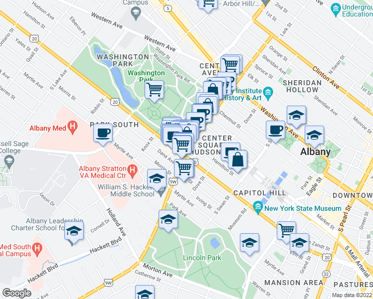 map of restaurants, bars, coffee shops, grocery stores, and more near 12 Delaware Avenue in Albany