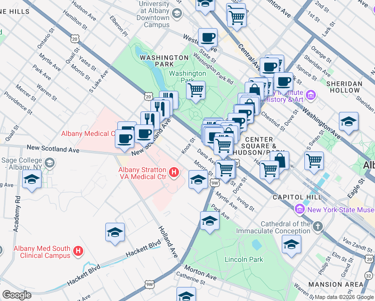 map of restaurants, bars, coffee shops, grocery stores, and more near 78 Morris Street in Albany